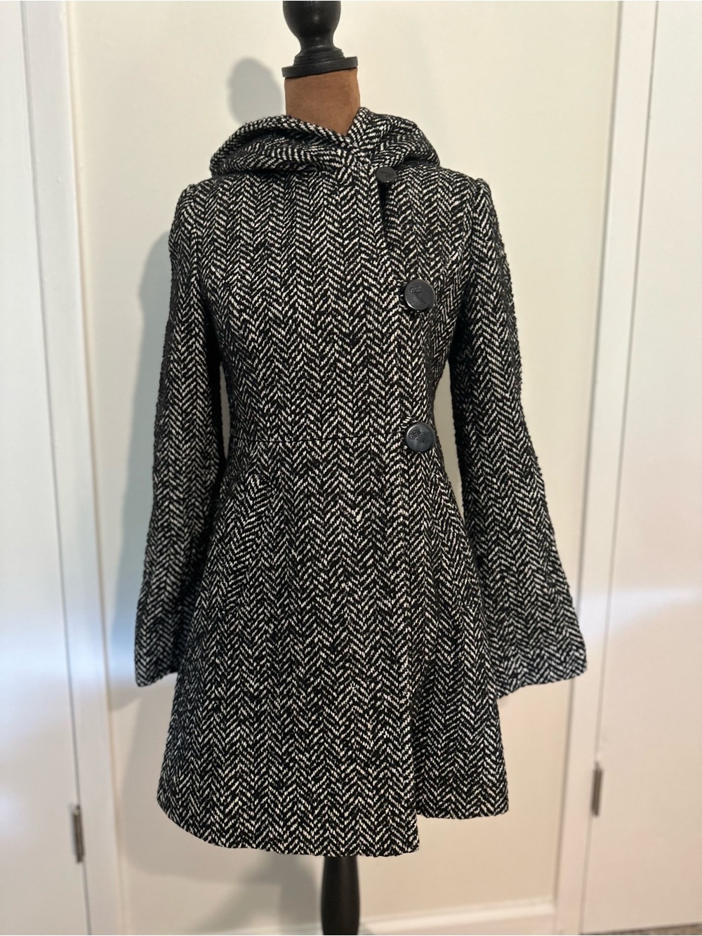 Guess Black and White Herringbone Hooded Fit-and-Flare Dress Coat